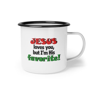 Enjoy your coffee with a side of humour in our Enamel Camp Cup feat. a Christian joke. anti-alkali, acid-proof, glossy finish, durability. image 3