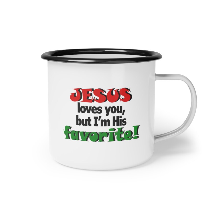 Enjoy your coffee with a side of humour in our Enamel Camp Cup feat. a Christian joke. anti-alkali, acid-proof, glossy finish, durability. image 3