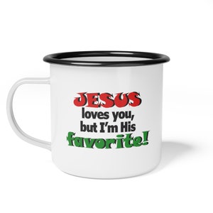 Enjoy your coffee with a side of humour in our Enamel Camp Cup feat. a Christian joke. anti-alkali, acid-proof, glossy finish, durability. image 1
