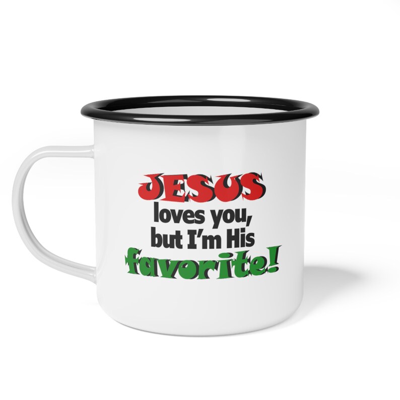 Enjoy your coffee with a side of humour in our Enamel Camp Cup feat. a Christian joke. anti-alkali, acid-proof, glossy finish, durability. image 1