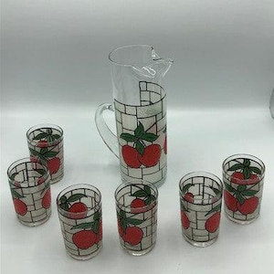 Vintage Stained glass Apple pitcher & 6 juice glasses