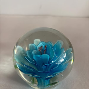 Vintage Art Glass Light Blue Flower Paperweight