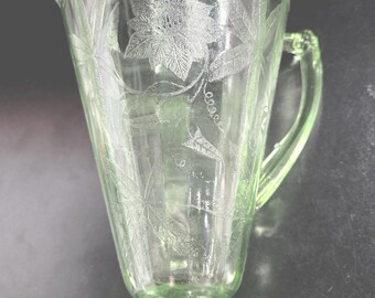 ヴィンテージ ウランガラス ピッチャーとガラスセット - 紫外線下で