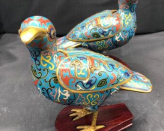 Vintage Chinese Cloisonné Bird Figurines: Miniature Display Decor