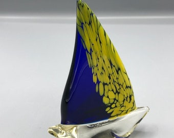 80s blue & yellow art glass boat