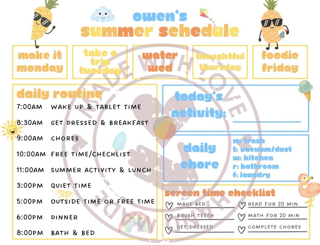 Kids Summer Schedule - Made to Order! - Etsy