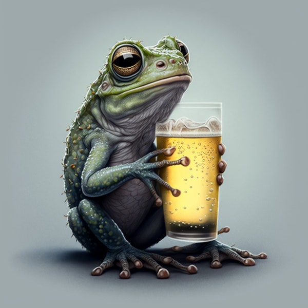 FROG ART, AI art, Frog drinking beer, drunk frog, relaxed, funny frog with beer,