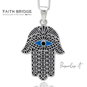 Personalised Hamsa Pendant, Hamsa Hand of Fatima with Blue Evil Eye Pendant Necklace, Blue Evil Eye Pendant, Hanukkah Gift - FAITHBRIDGE