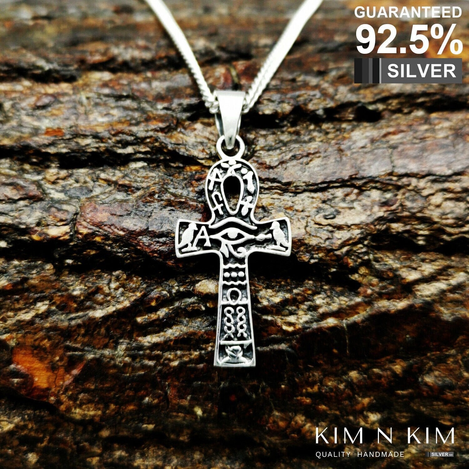 Collana con ciondolo in argento sterling 925 con croce ansata e geroglifici egiziani, rara - Italia