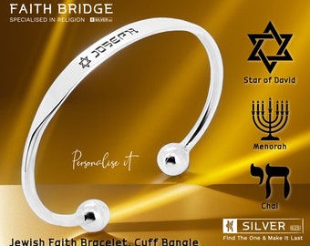 Jewish Bracelet, Jewish Cuff Bangle, Star of David, Menorah, Chai,  Personalised Bracelet, 925 Sterling Silver - FAITH BRIDGE