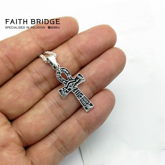 Collana con croce Ankh in argento sterling ossidato: ciondolo con geroglifici egizi - Italia