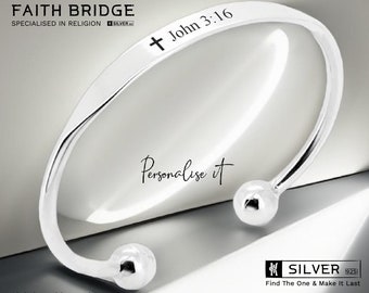 Christian Bracelet, Cross Bracelet, Cross Cuff Bangle, Bible Verse, Crucifix, Ichthys bracelet,Personalised Bracelet,925 Silver-FAITH BRIDGE