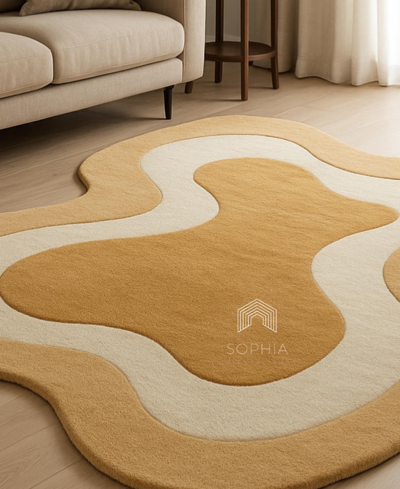 Organic Bean Shape Hand Tufted Wool Area Rug in Gold White for , Kids ...