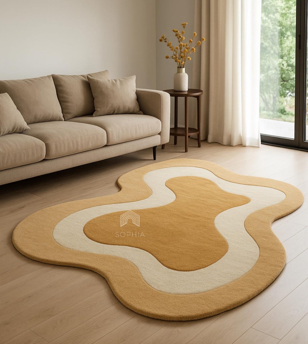 Organic Bean Shape Hand Tufted Wool Area Rug in Gold White for , Kids ...