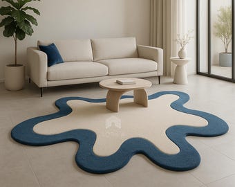 Amoeba Hand Tufted Wool Area Rug in Blue White for , Kids room , Bed Room, Living Room , Hallway rug , 5x8, 6x9, 8x10 , 9x12 , 10x14 .