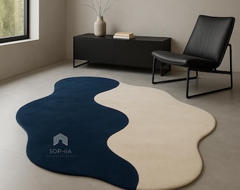 Alfombra de lana con mechones irregulares hechos a mano Amoeba en azul y blanco para habitación de niños, dormitorio, sala de estar, alfombra de pasillo, 8 x 10, 9 x 12, 10 x 14.