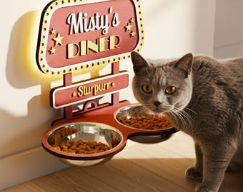Retro Wall Mounted Feeding Station for Cats, Personalized Elevated Cat Bowls with LED Light, Unique Gift for Cat Lover