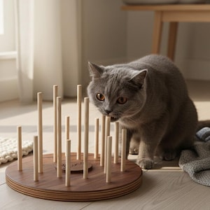 May include: A gray cat interacts with a wooden cat puzzle toy. The toy is a round, dark brown base with numerous vertical wooden pegs. The cat is focused on the toy, with its eyes fixed on the pegs.