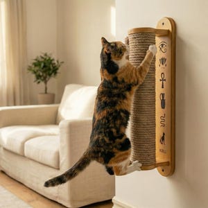 Könnte beinhalten: Eine Schildpattkatze klettert an einem Kratzbaum aus Holz. Der Pfosten besteht aus hellem Holz mit einer Kratzfläche aus Sisalseil. Der Pfosten ist an einer Wand befestigt und hat dekorative Hieroglyphen.