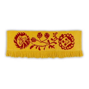 1960s vintage wall hanging tapestry, Yellow wall decor with red flower pattern, Mid century home decor