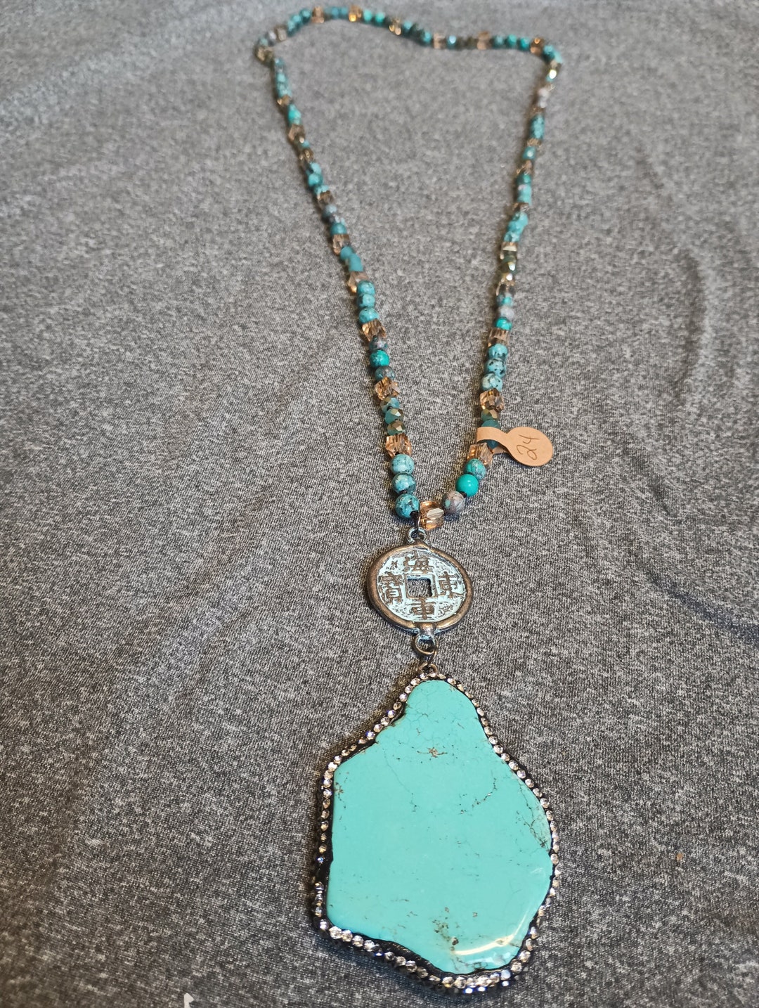 Real Turquoise Necklace With Fortune Coin Pendant Etsy