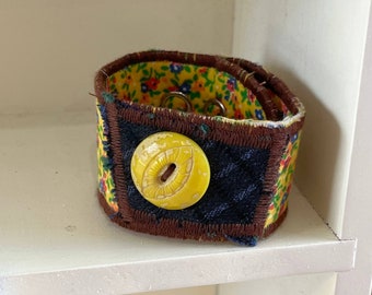 Vintage Fabric Cuff Bracelet in Yellow Primary Floral  Calico Pattern with Vintage Yellow Button