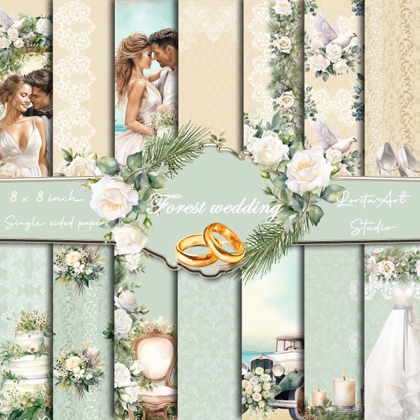 Forest Wedding, Wedding paper pads, Wedding Scrapbooking paper, white roses wedding paper pads 8x8 inch