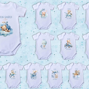 Body de bebé personalizado: Hola mundo y todos los 12 meses, monos de hitos mensuales, regalo para bebé niño, paquete grande