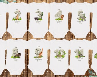 Personalised baby Safari theme vest for all 12 months, Monthly milestone onesies, gift for baby boy, big pack
