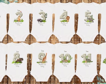 Personalised baby Safari theme vest for all 12 months, Monthly milestone onesies, gift for baby boy, big pack