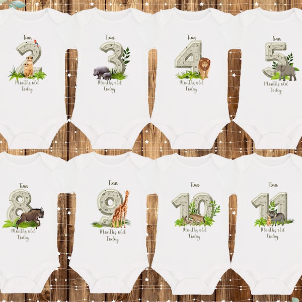 Personalised baby Safari theme vest for all 12 months, Monthly milestone onesies, gift for baby boy, big pack