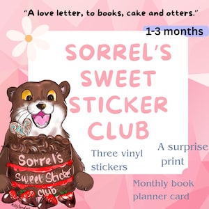 Club de pegatinas dulces de Sorrel: paquete mensual de pegatinas • Amante de los libros • Carta de amor a los libros, los pasteles y las nutrias