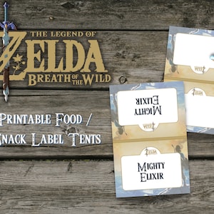 Étiquettes imprimables Zelda pour tente de restauration et collations pour fête d'anniversaire Zelda Breath of the Wild