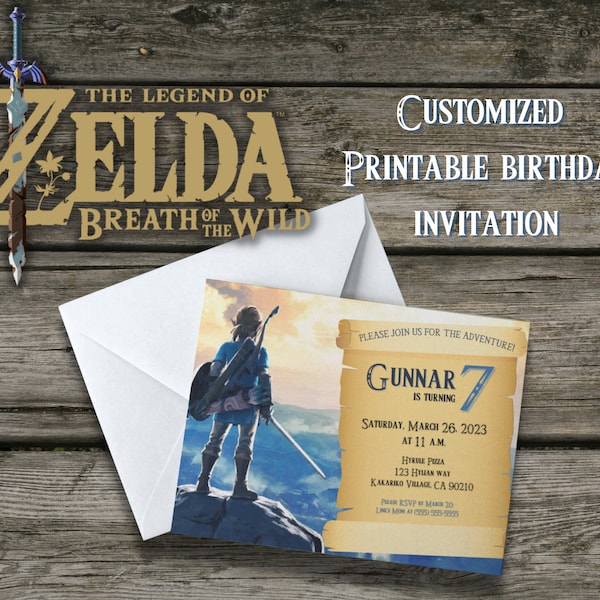 Editable Zelda Breath of the Wild Video Game Birthday Invitation - Kid's Boy's Girl's Link Invite - 4x6 Printable and Customizable