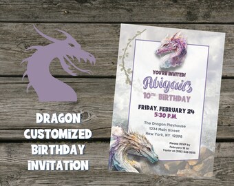 May include: A purple and white dragon illustration with a watercolor effect. The invitation reads "You're Invited! Abigail's 10th Birthday, Friday, February 24, 5:30 PM. The Dragon Playhouse, 1234 Main Street, New York, NY 12398. Please RSVP by February 15 to Taylor at (555) 543-5555."