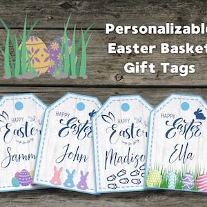 May include: Four blue and white gift tags with a whitewashed wood background. Each tag has a blue border and a blue circle in the upper left corner. The tags feature the text "Happy Easter" in blue cursive script and a personalized name below. The names are Samm, John, Madiso, and Ella. Each tag also has a different Easter-themed image: eggs, bunnies, and paw prints.