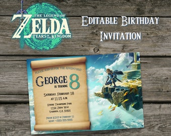 Editable Zelda Tears of the Kingdom Video Game Birthday Invitation - Kid's Boy's Girl's Link Invite - 4x6 Printable and Customizable