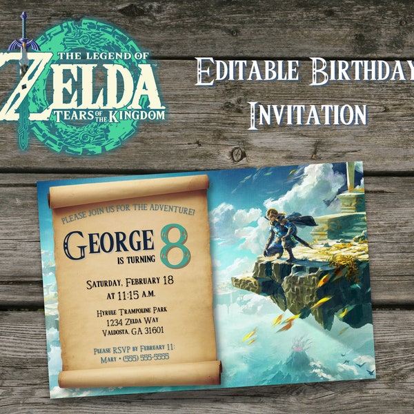 Editable Zelda Tears of the Kingdom Video Game Birthday Invitation - Kid's Boy's Girl's Link Invite - 4x6 Printable and Customizable