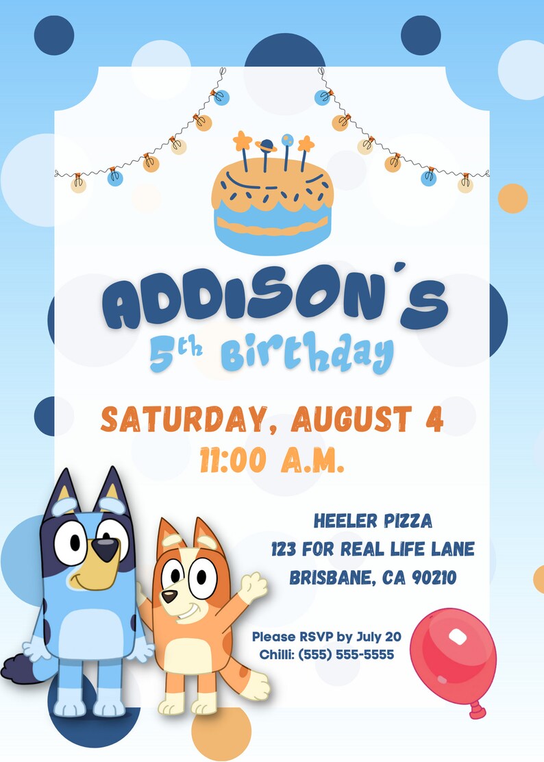 Editable Bluey Blue Heeler and Bingo Birthday Party Invitation Etsy