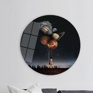 Modern Glass Art, Wall Decor, Pop Art Wall Art, Universe Glass, Sky Wall Art, Girl Holding Planets, Abstract Space Wall Art, Boy Room Decor,