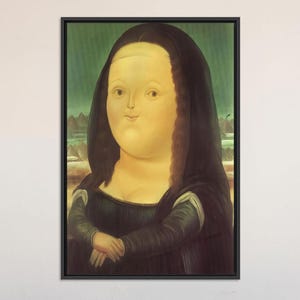 Botero Style Mona Lisa Leinwand Wandkunst, Wunderliches und mutiges Parodie-Porträt für Spaß-Pop-Art-Dekor im vielseitigen, künstlerischen Hauptinnenraum