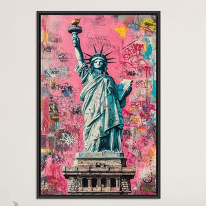 Statue of Liberty Graffiti Canvas Poster, Urban Pop Art Wall Print with Pink Background on Cotton Canvas, Bold NYC Street Style Home Decor