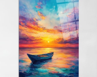 Impresión en lienzo de un barco al atardecer: pintura colorida de un paisaje marino con una apacible vista del océano