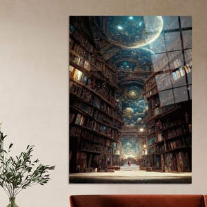 Puede incluir: Impresión enmarcada que representa una biblioteca fantástica con estanterías repletas de libros. El techo muestra una escena celestial con planetas y estrellas. La paleta de colores incluye marrones, azules y dorados, creando una atmósfera de ensueño. La impresión está montada en una pared.