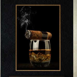 Cigar and Whiskey Glass Canvas Art – Luxurious Bar Wall Decor for Lounge, Office, or Man Cave – Dark Background Still Life Photography