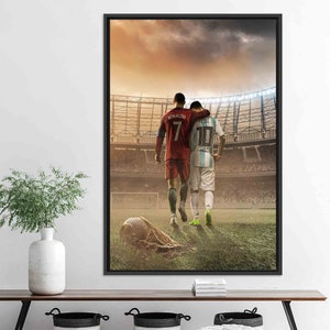 Arte mural de Ronaldo y Messi, lienzo de leyendas del fútbol, impresión de estadio de fútbol, decoración de pared deportiva moderna, regalo para fanáticos del fútbol.