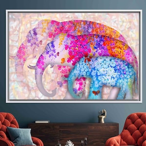 Personalized Gifts, Floral Three Elephants, Floral Pattern Printed, Elephant Lover Gift, Decor, Printable Wall Art, Wall Hangings, Canvas,