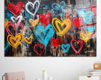 Impresión en lienzo de corazones de grafiti: arte callejero neón, decoración romántica urbana