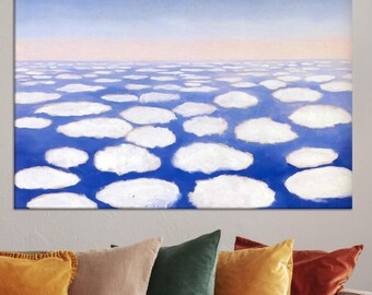 Lienzo surrealista de nubes flotantes: un apacible paisaje onírico en azul y blanco para interiores tranquilos y minimalistas o una decoración de pared moderna inspirada en la naturaleza.