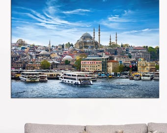 Istanbul Skyline Canvas Art, Bosphorus Cityscape Wall Decor, Historic Mosque Photography Print, Turkey Travel Wall Art